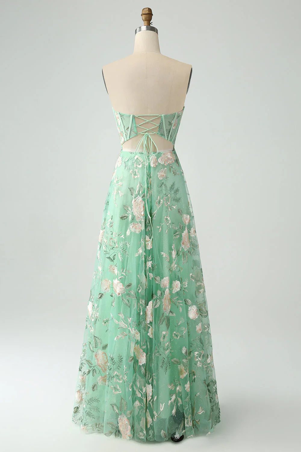 A Line Sweetheart Strapless Printed Corset Prom Dress With Slit