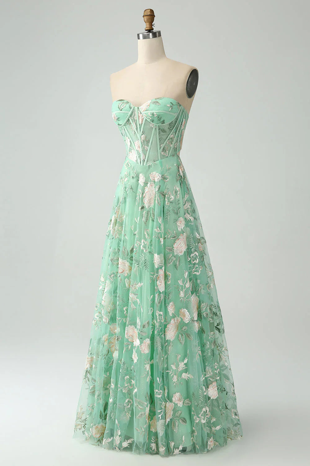 A Line Sweetheart Strapless Printed Corset Prom Dress With Slit