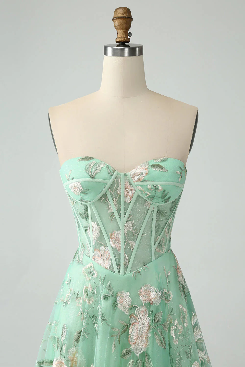 A Line Sweetheart Strapless Printed Corset Prom Dress With Slit
