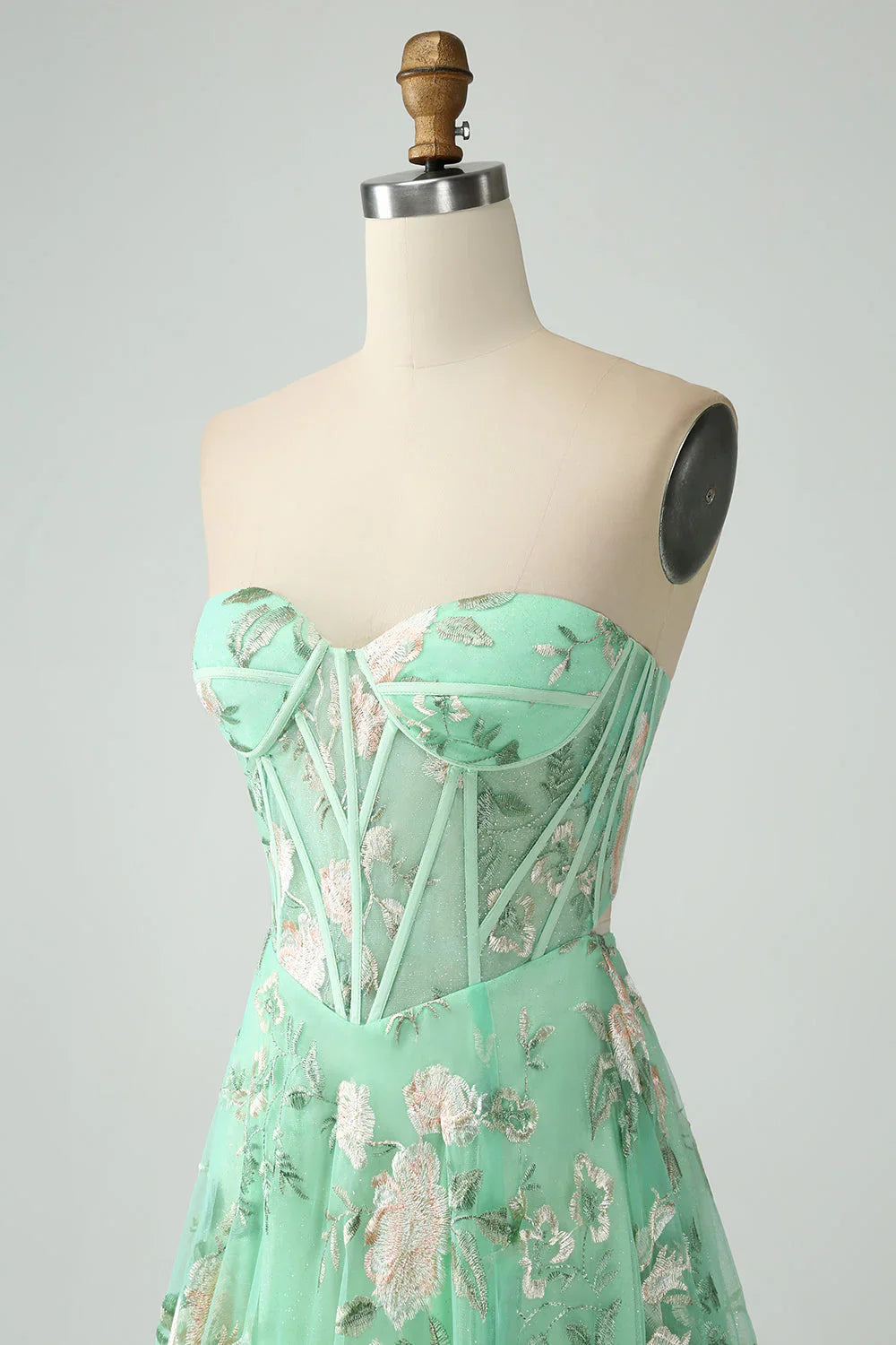 A Line Sweetheart Strapless Printed Corset Prom Dress With Slit