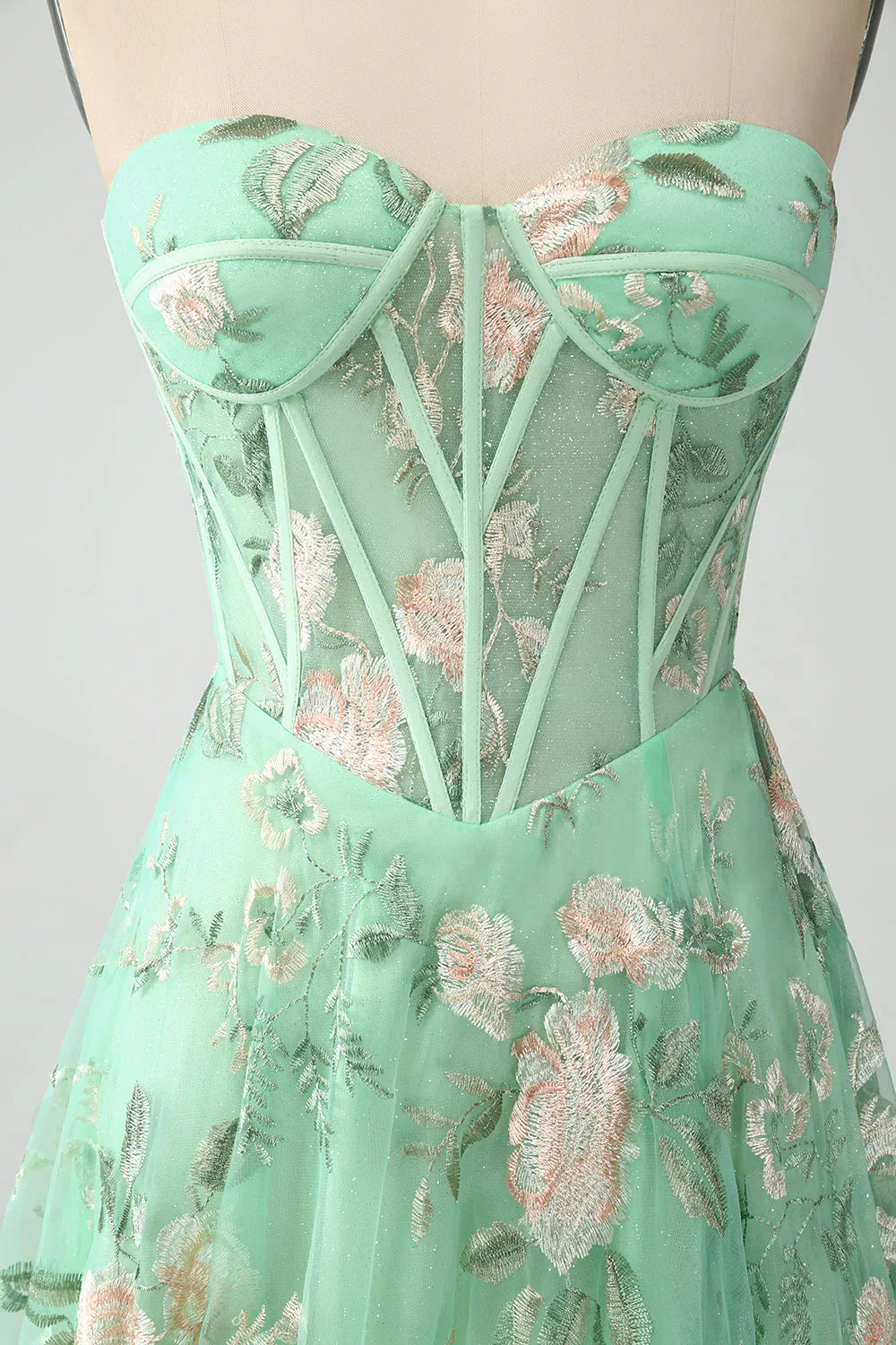 A Line Sweetheart Strapless Printed Corset Prom Dress With Slit