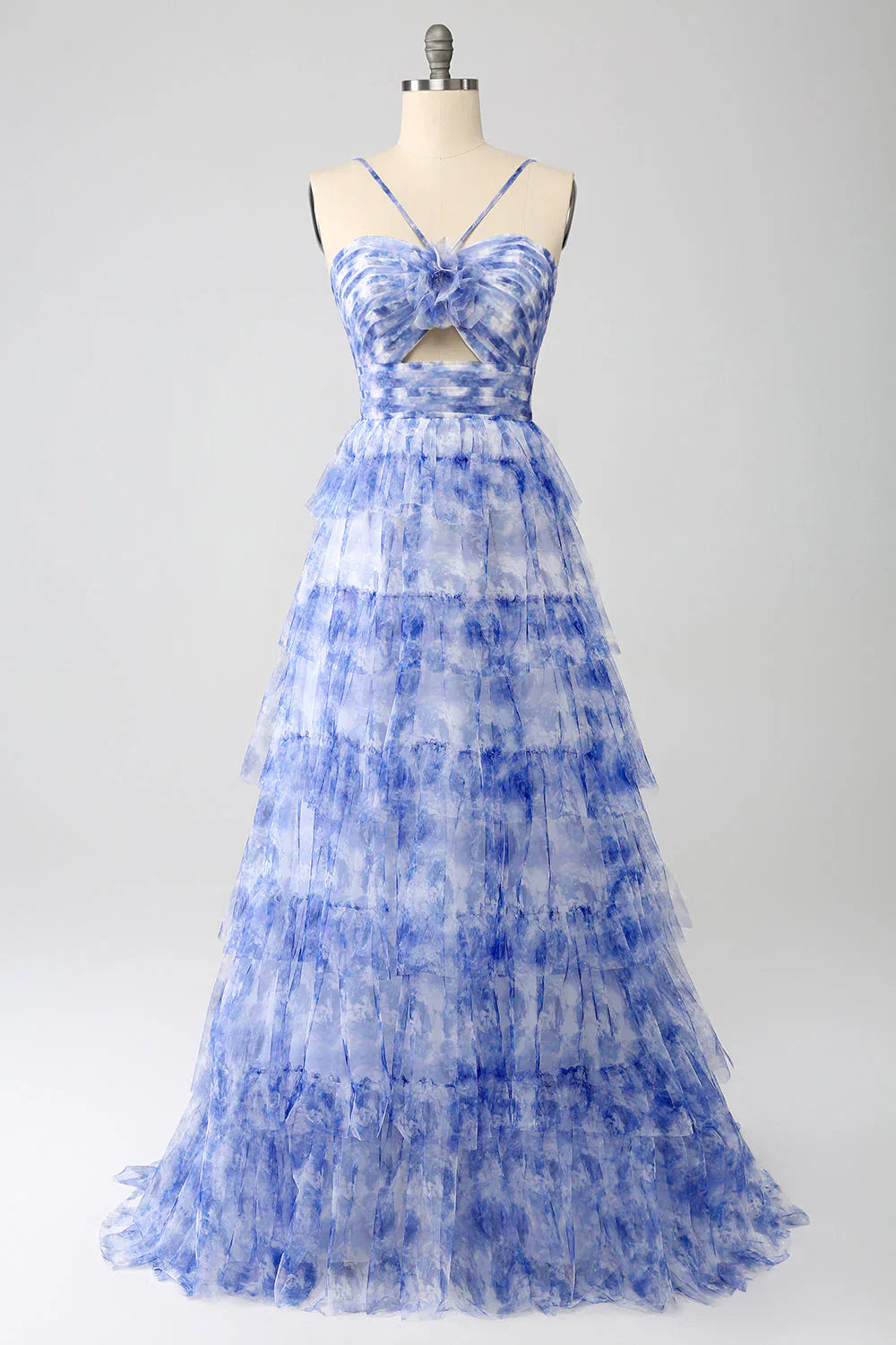 Printed A Line Tiered Hollow-Out Long Prom Dress