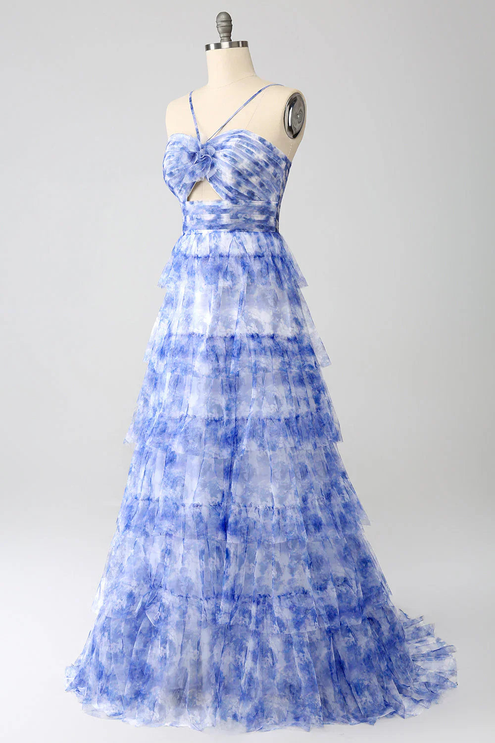 Printed A Line Tiered Hollow-Out Long Prom Dress