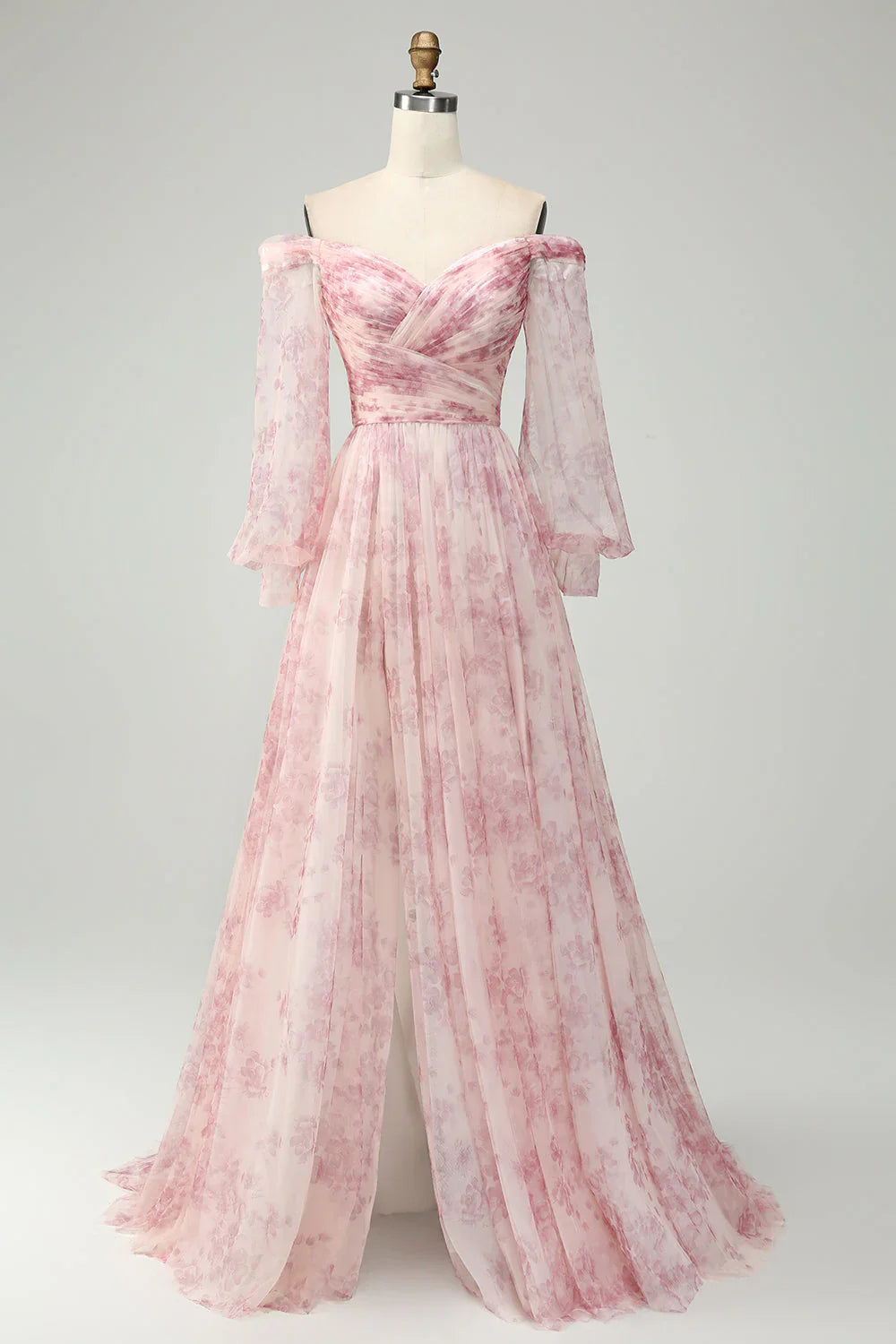A-Line Off The Shoulder Print Prom Dress With Slit