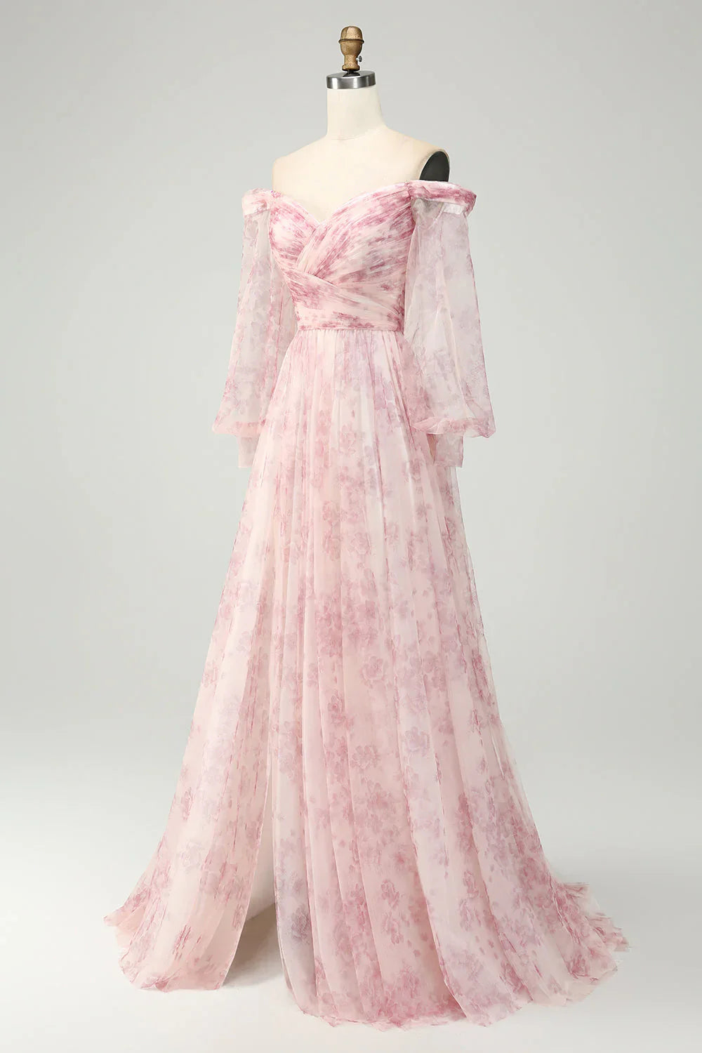 A-Line Off The Shoulder Print Prom Dress With Slit