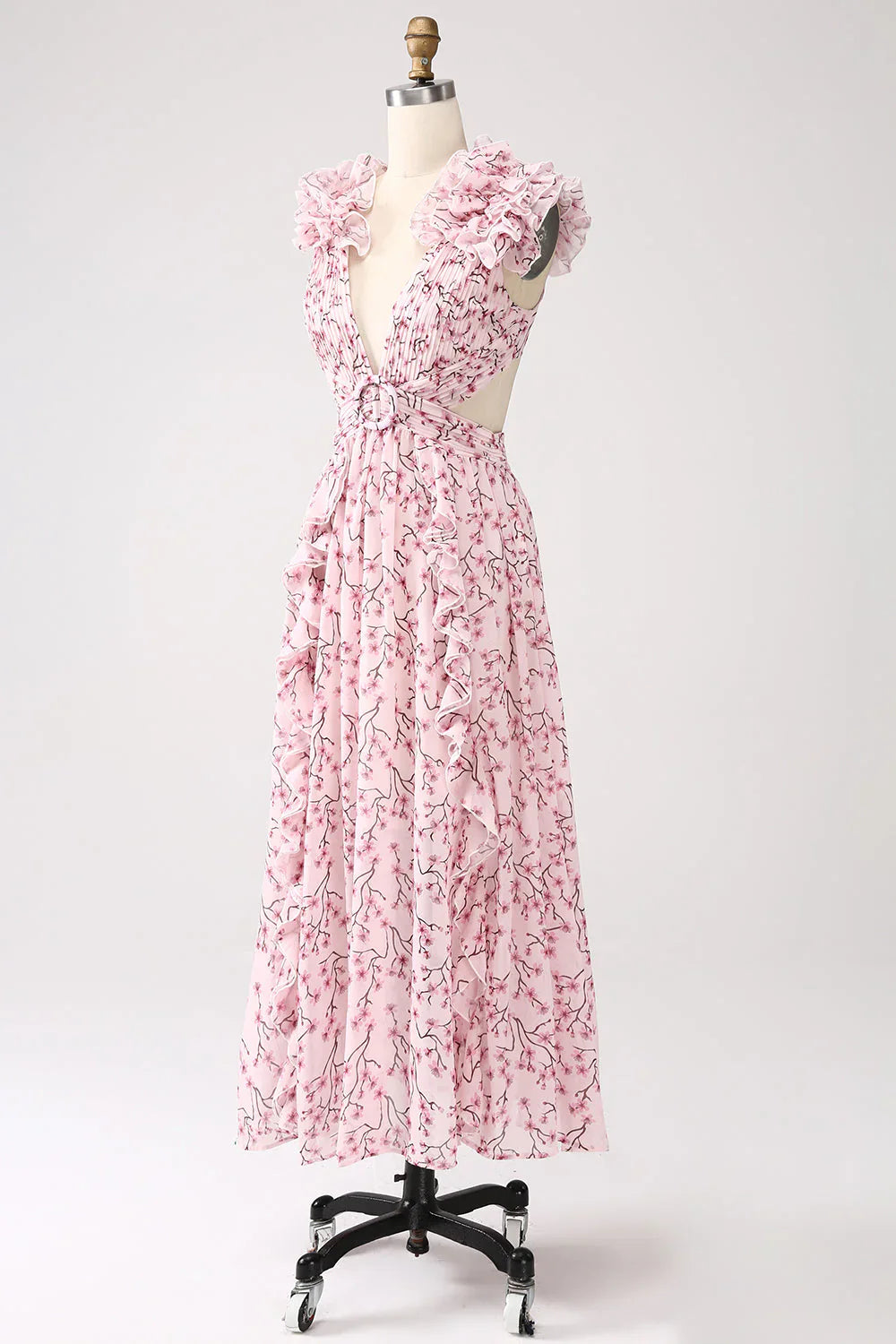 A-Line Deep V-Neck Pleated Backless Prom Dress