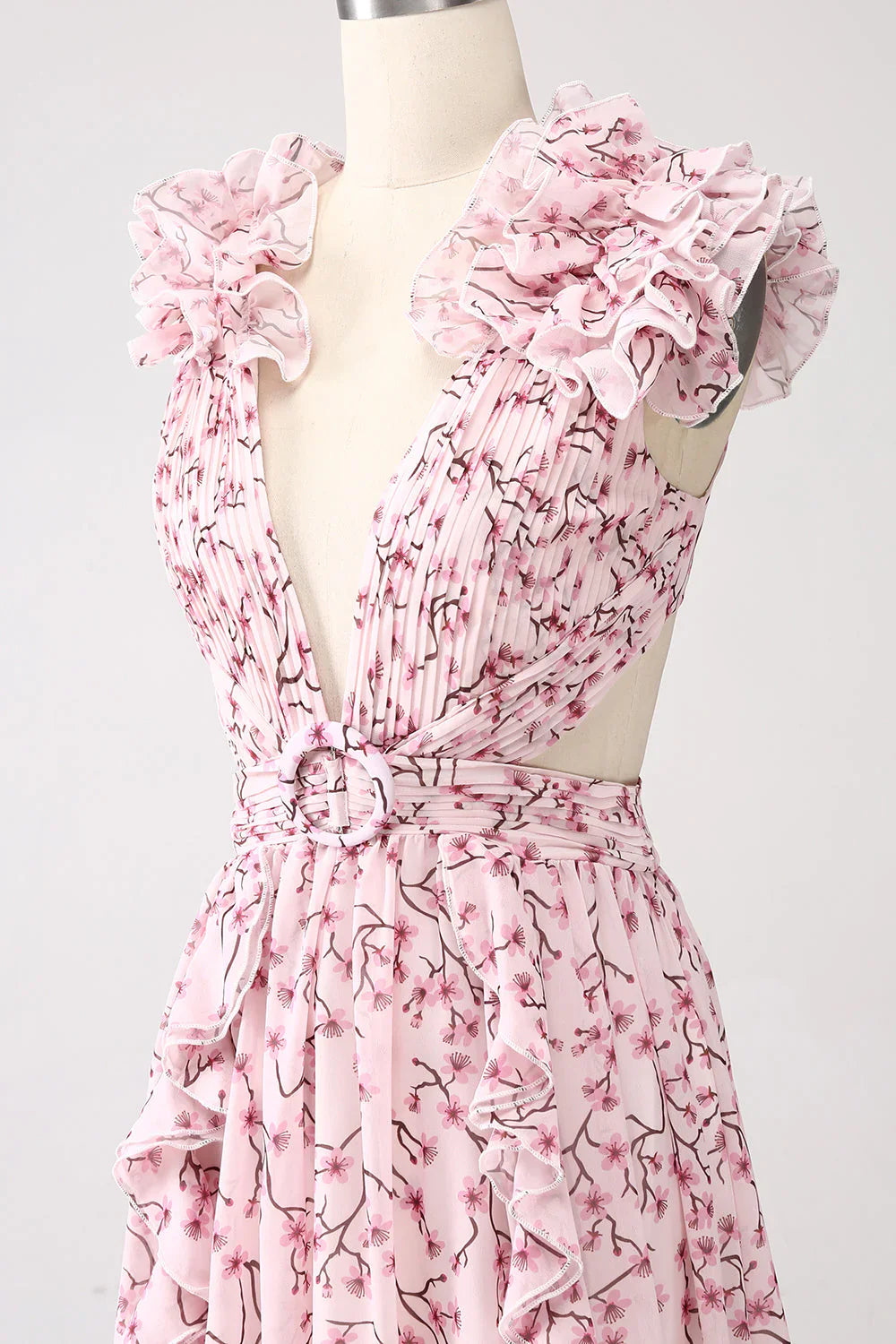 A-Line Deep V-Neck Pleated Backless Prom Dress