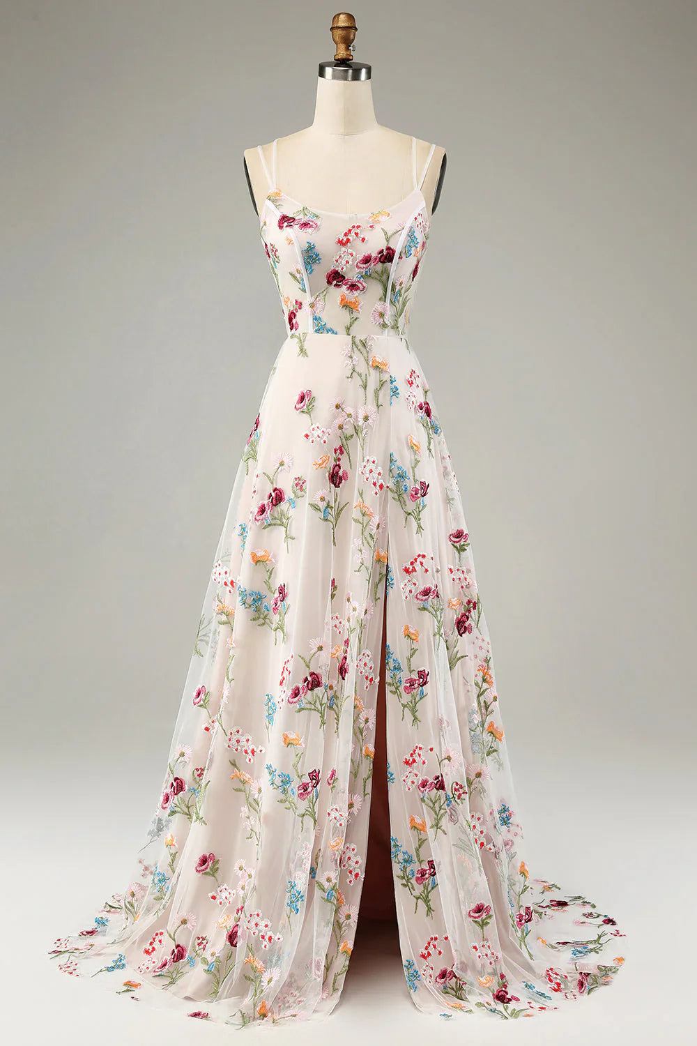 A-Line Spaghetti Straps Corset Long Prom Dress With Slit