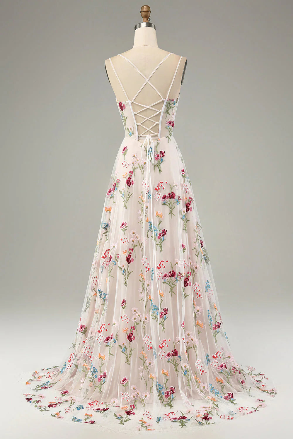 A-Line Spaghetti Straps Corset Long Prom Dress With Slit