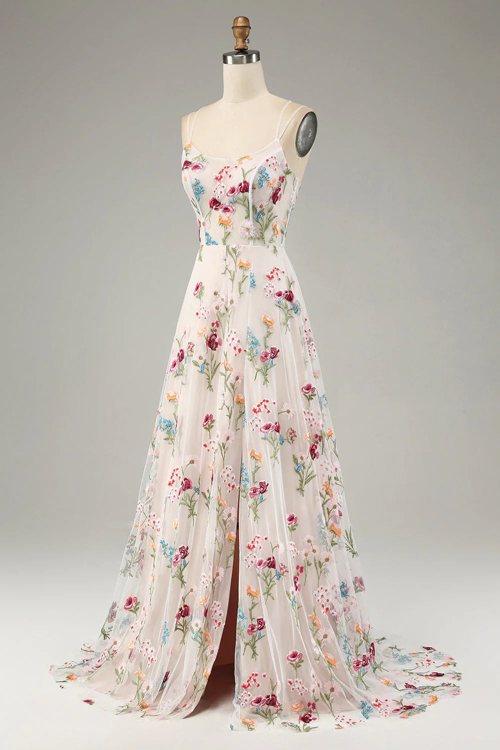 A-Line Spaghetti Straps Corset Long Prom Dress With Slit