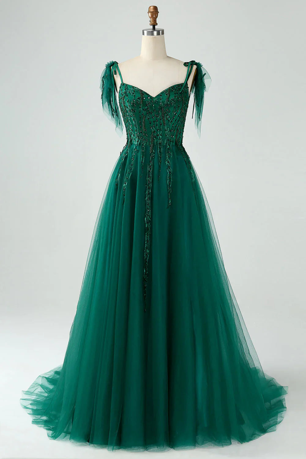 A-Line Spaghetti Straps Tulle Long Prom Dress With Beading