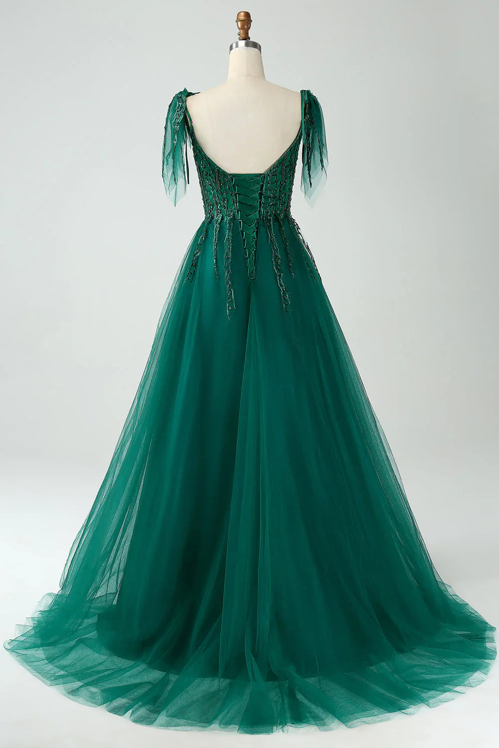 A-Line Spaghetti Straps Tulle Long Prom Dress With Beading