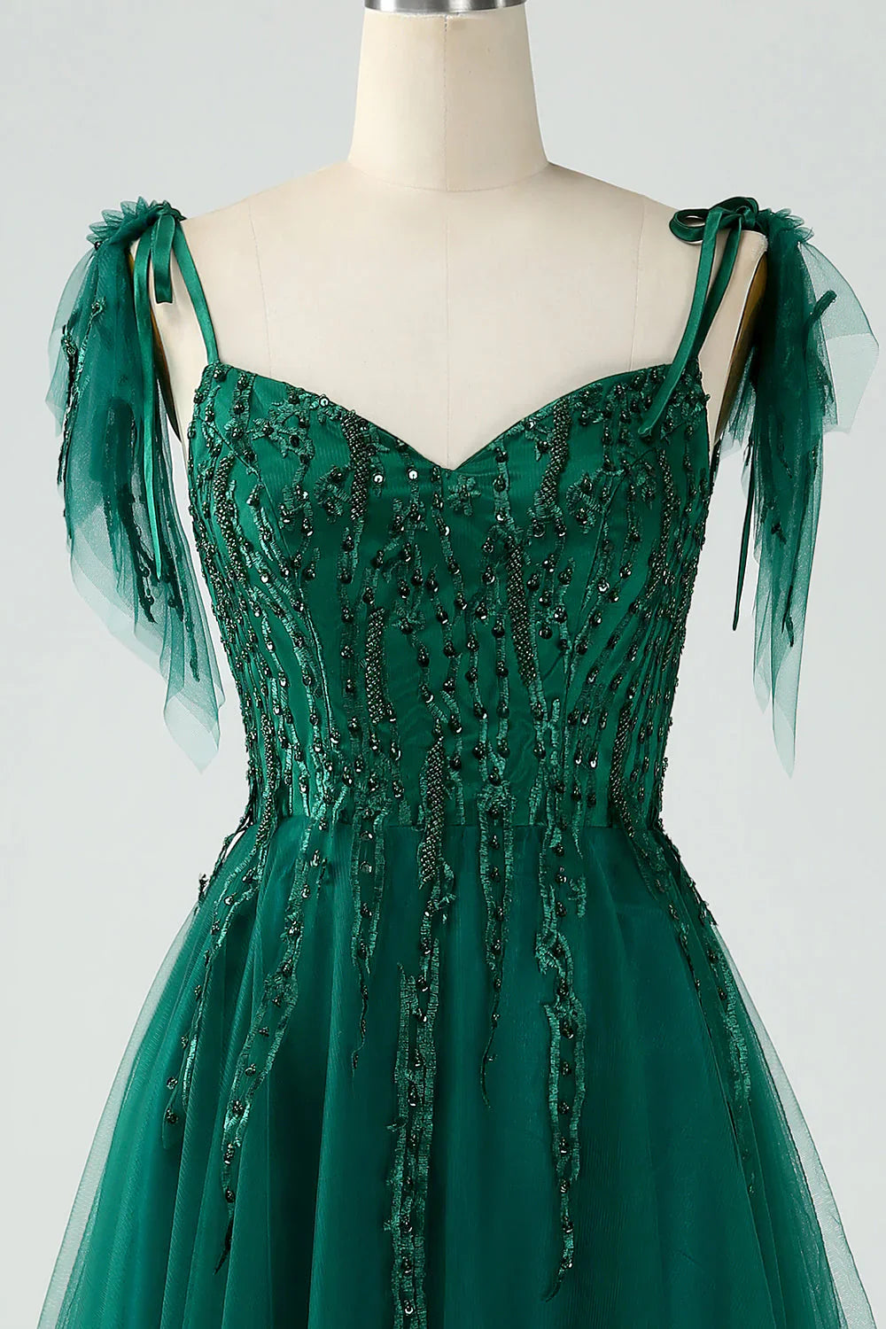 A-Line Spaghetti Straps Tulle Long Prom Dress With Beading