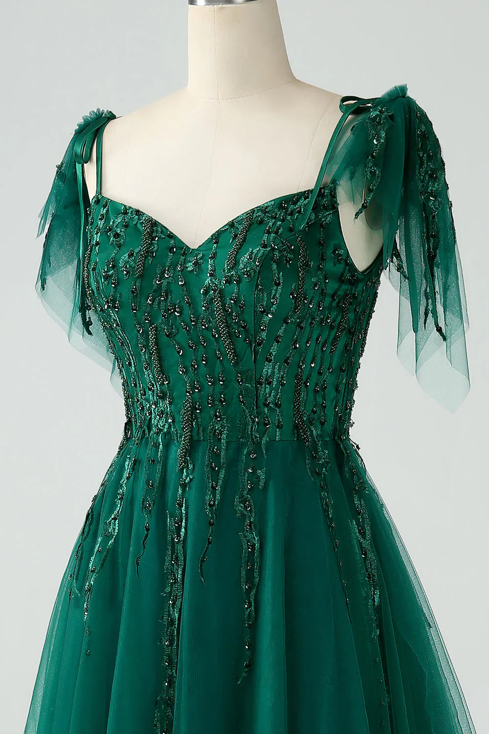 A-Line Spaghetti Straps Tulle Long Prom Dress With Beading