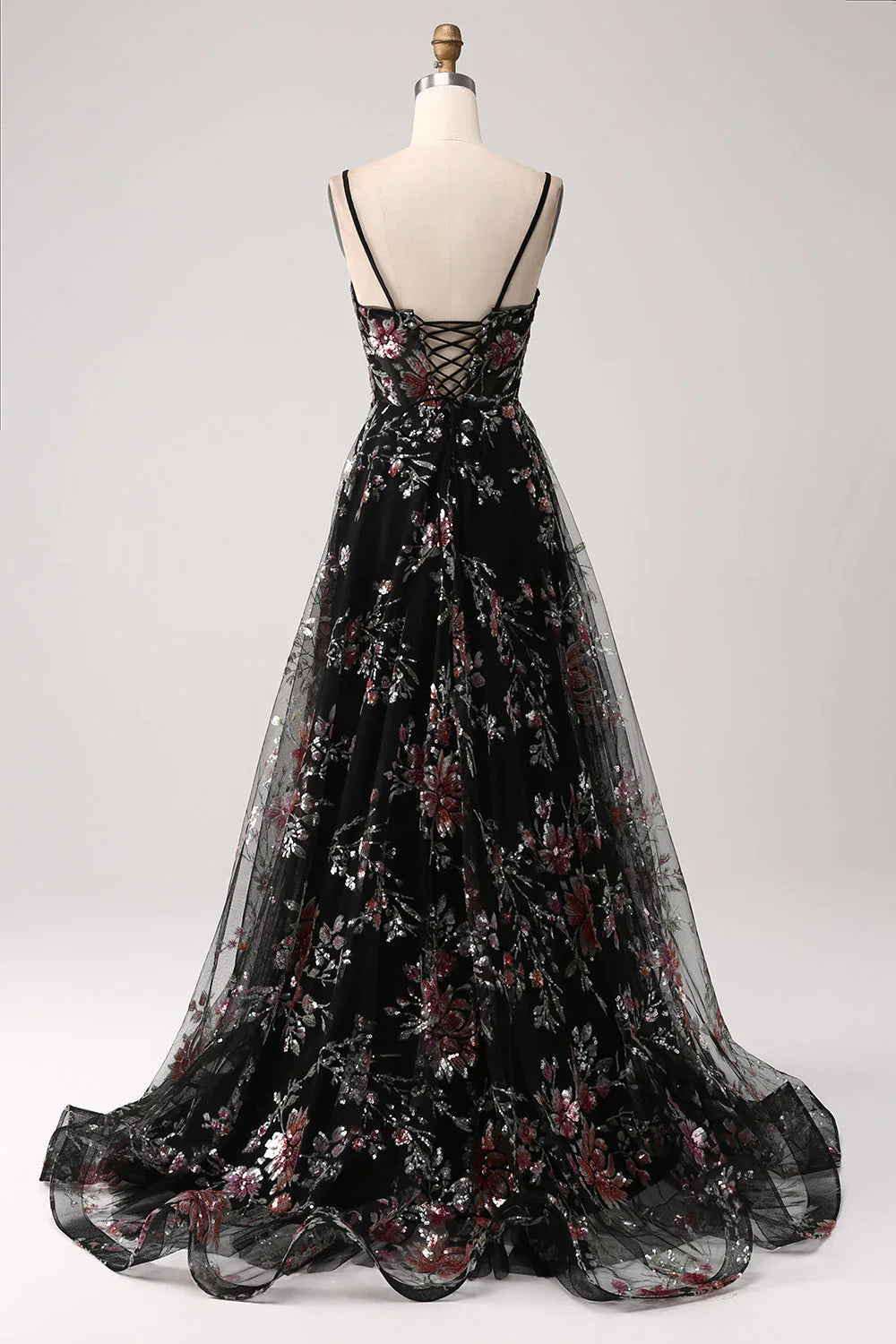 A-Line Flower Sequins Long Corset Prom Dress