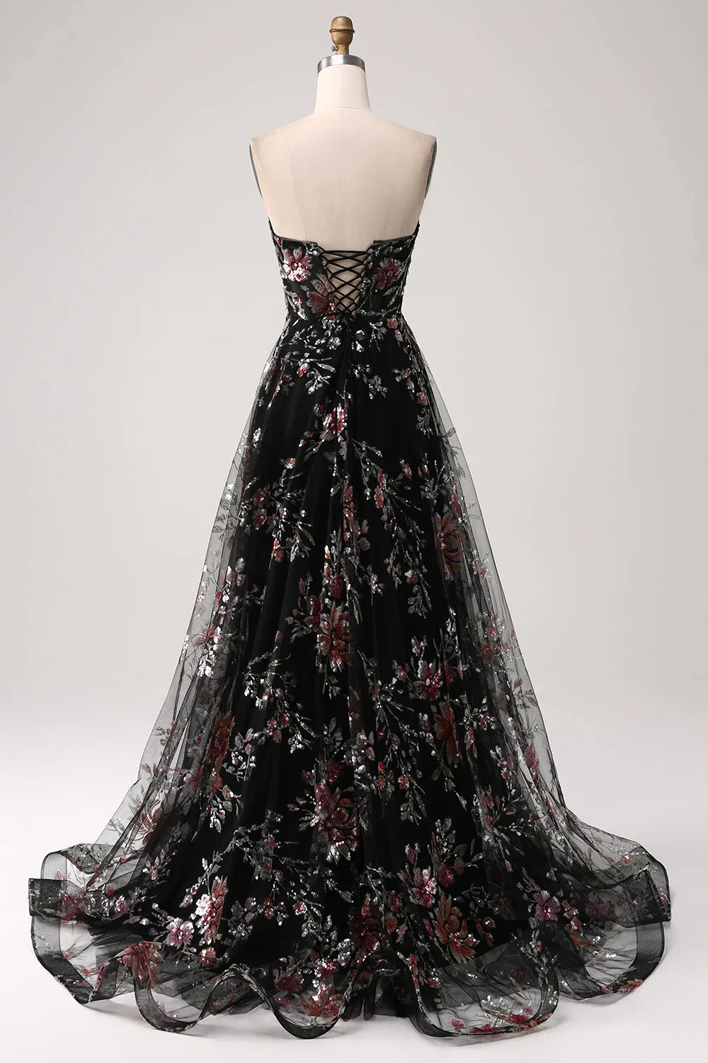 A-Line Flower Sequins Long Corset Prom Dress