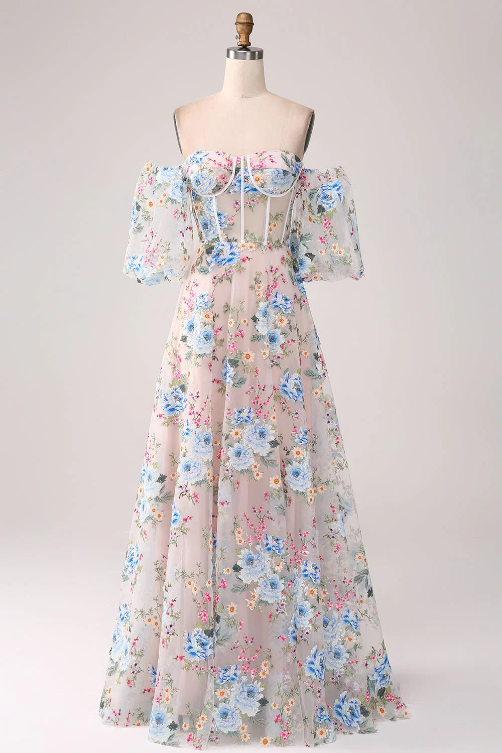A-Line Flower Off The Shoulder Long Corset Prom Dress