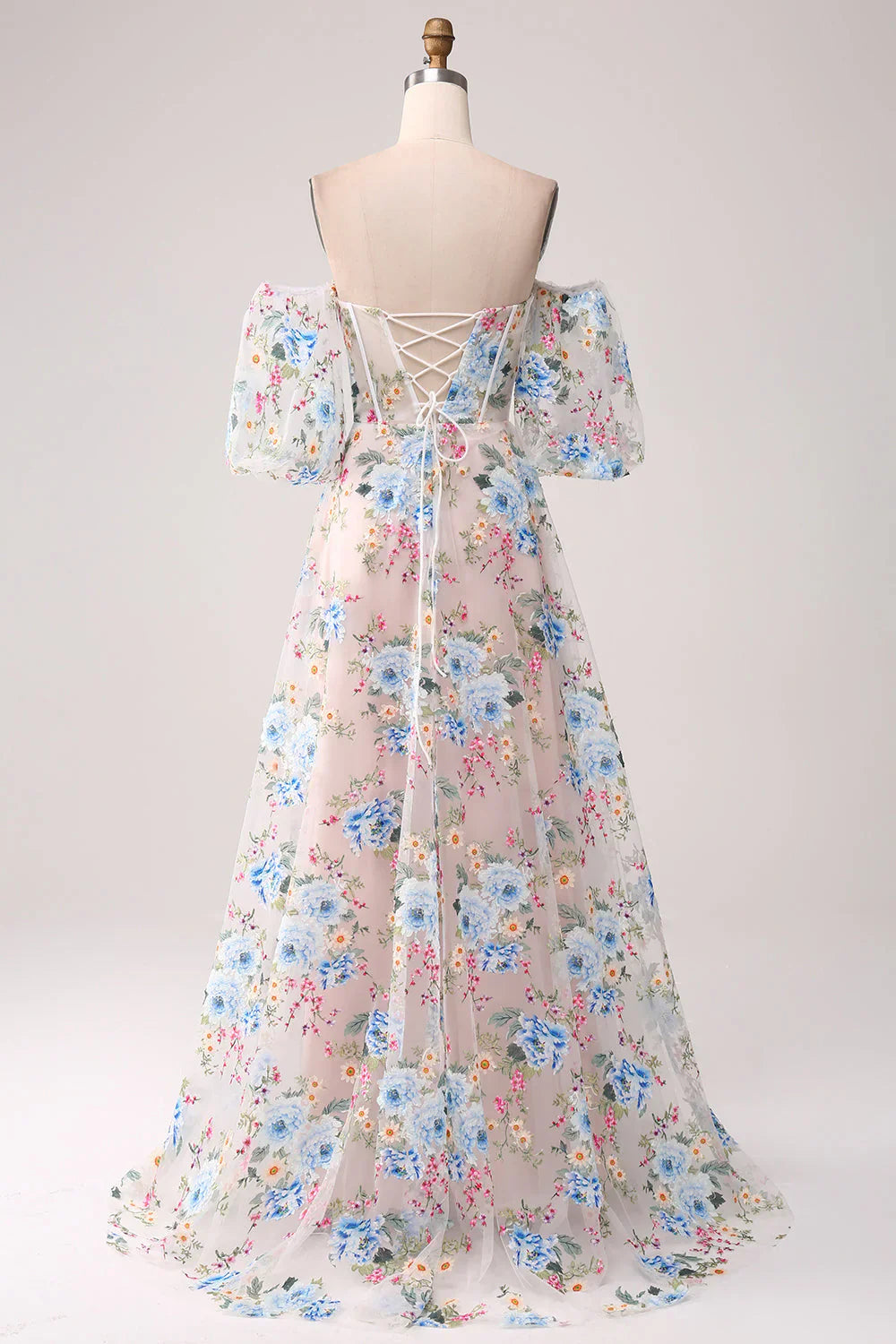 A-Line Flower Off The Shoulder Long Corset Prom Dress