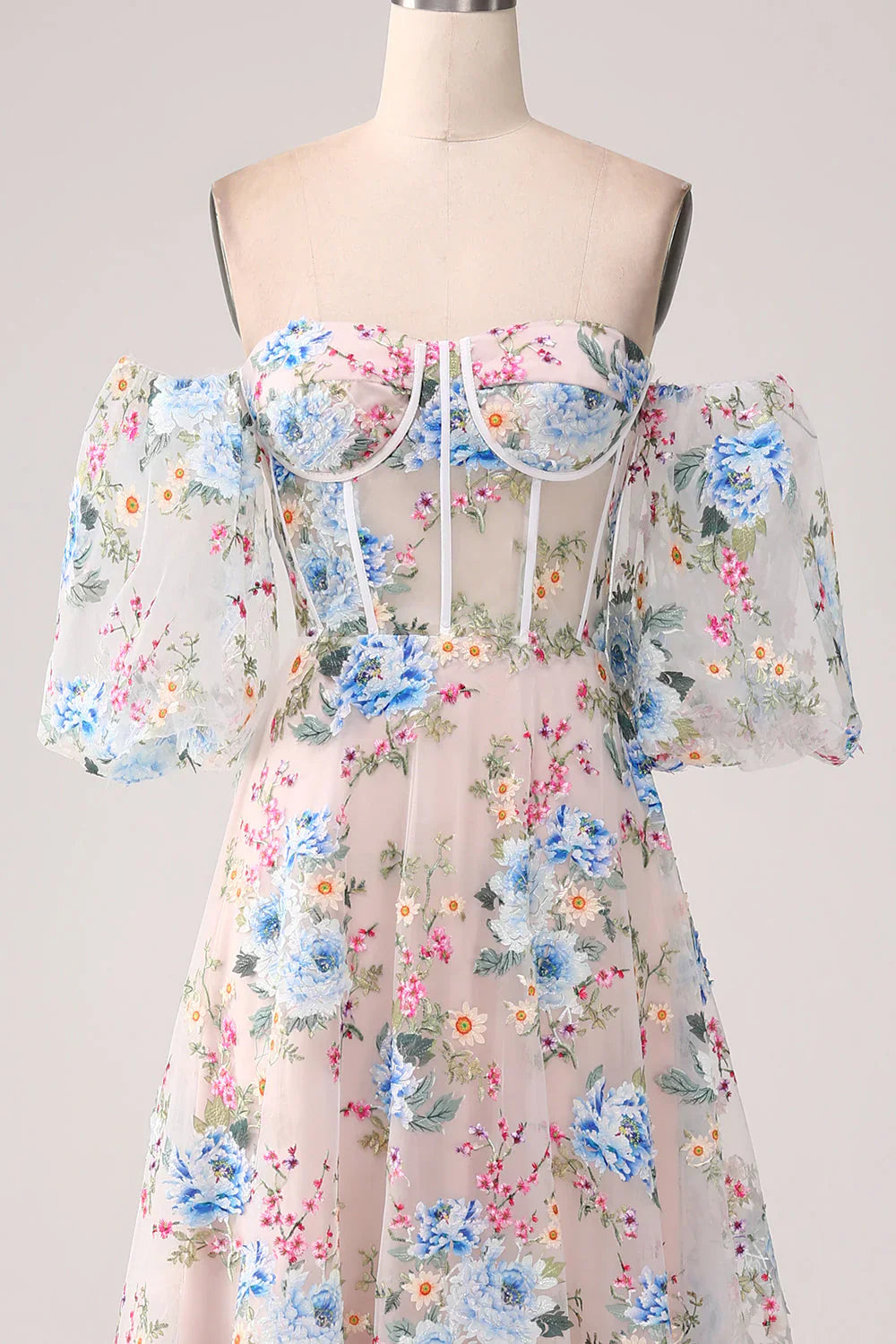 A-Line Flower Off The Shoulder Long Corset Prom Dress