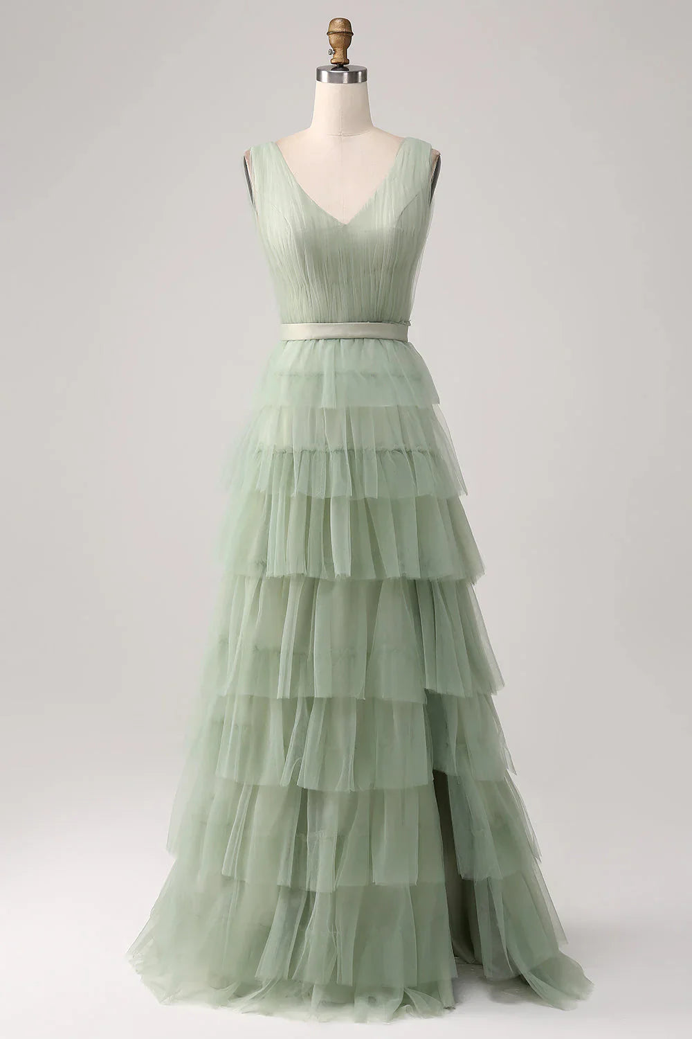 V Neck Lace Up Pleated Tiered Prom Dress With Slit