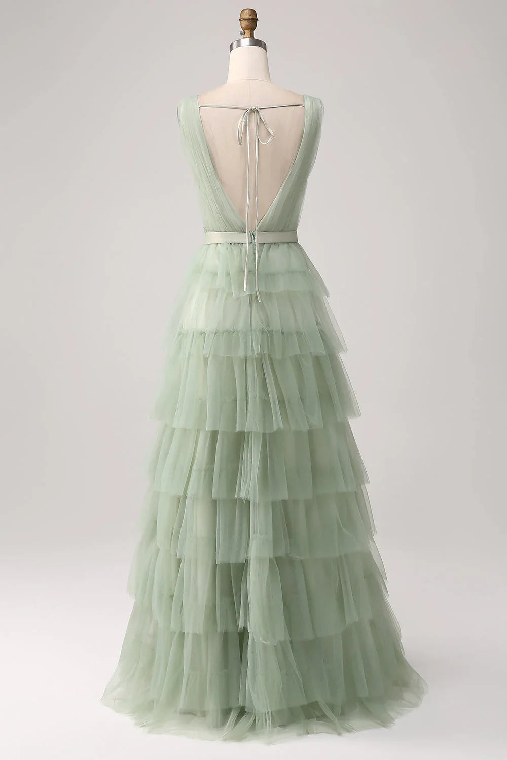 V Neck Lace Up Pleated Tiered Prom Dress With Slit