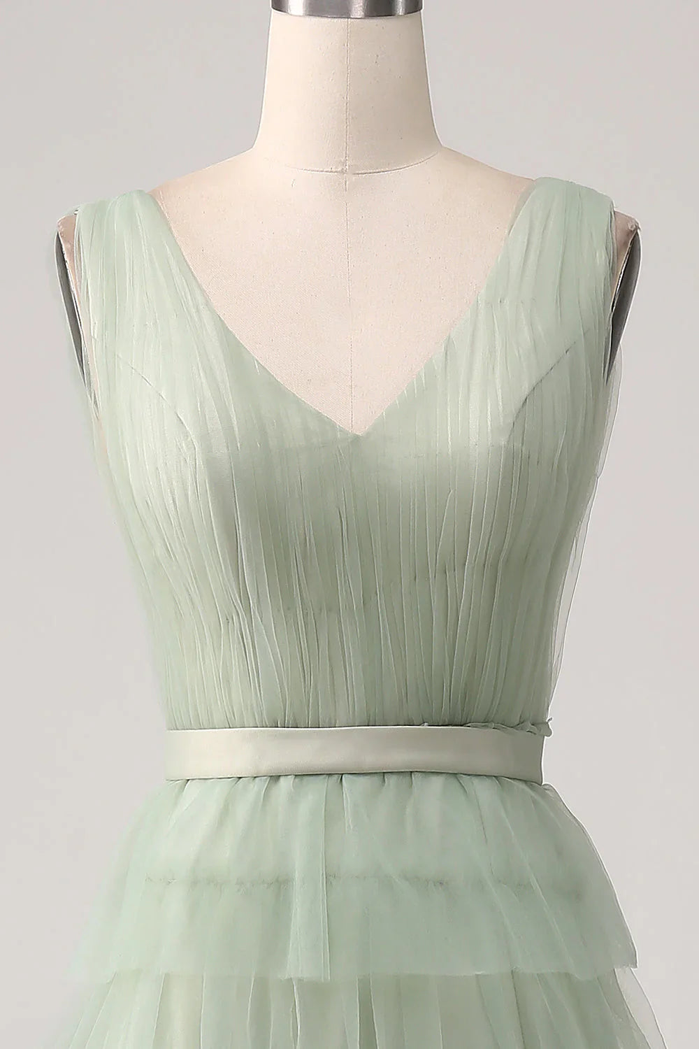 V Neck Lace Up Pleated Tiered Prom Dress With Slit