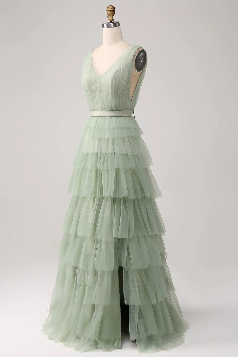V Neck Lace Up Pleated Tiered Prom Dress With Slit