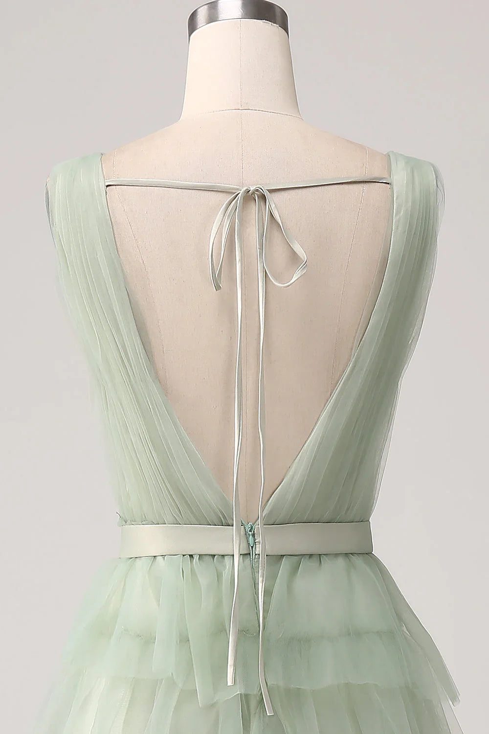 V Neck Lace Up Pleated Tiered Prom Dress With Slit