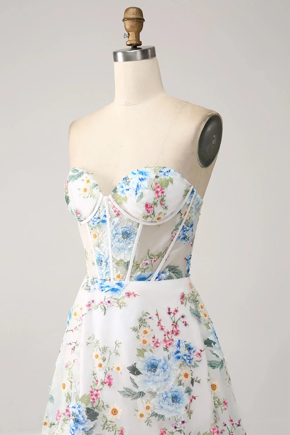 White Blue Flower Flower A-Line Strapless Long Corset Prom Dress