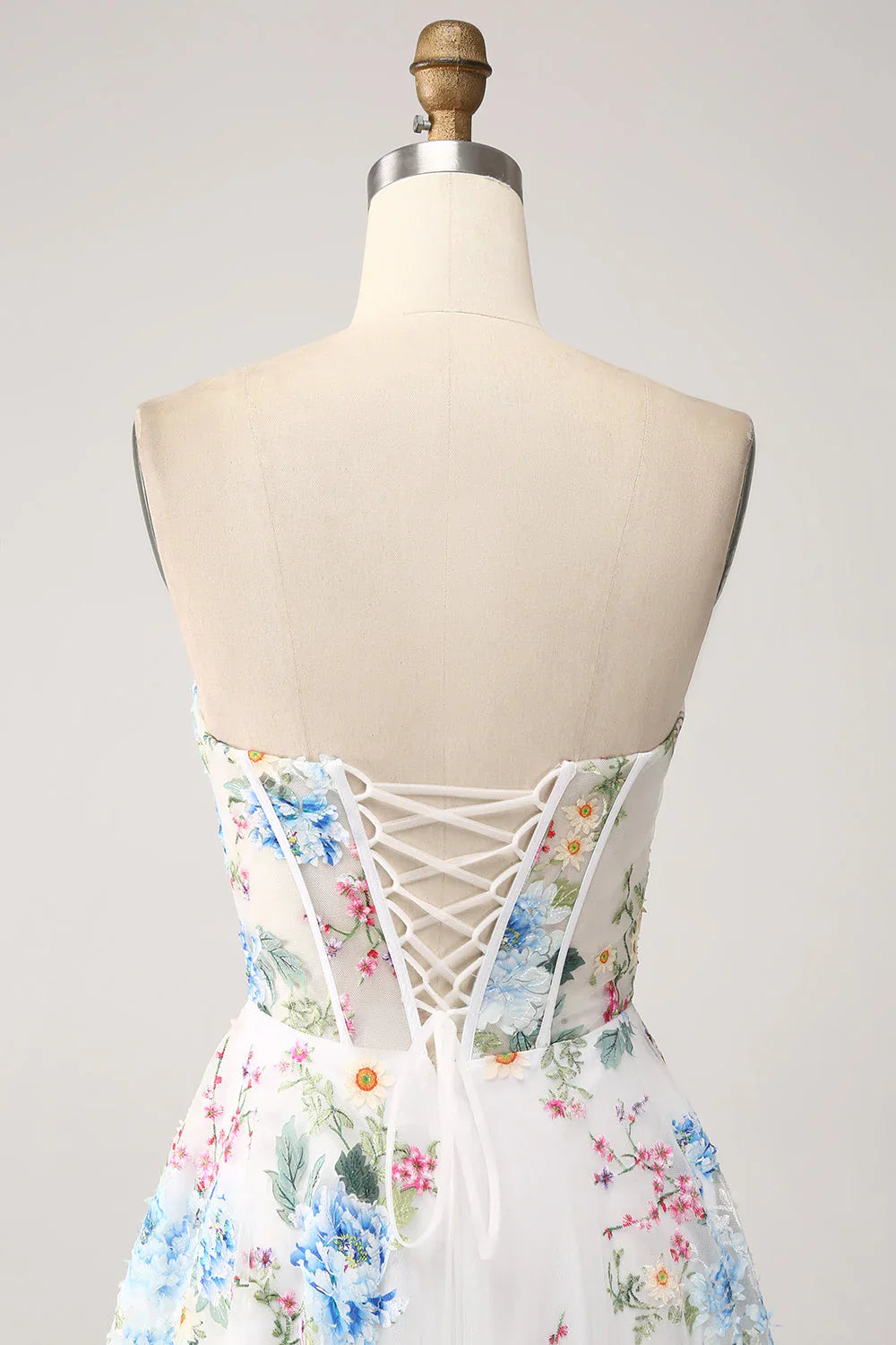 White Blue Flower Flower A-Line Strapless Long Corset Prom Dress