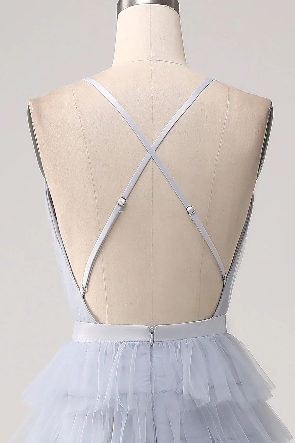 A Line Tiered Tulle Backless Long Prom Dress