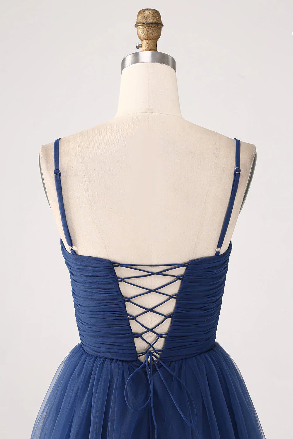 A Line Spaghetti Straps Navy Tiered Tulle Pleated Prom Dress With Slit
