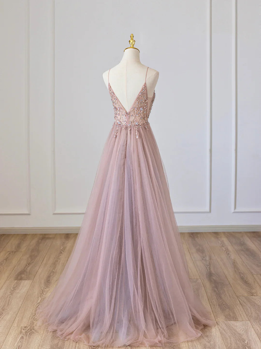 Pink V-Neck Tulle Long?Spaghetti Strap?Prom Dress with Beaded?