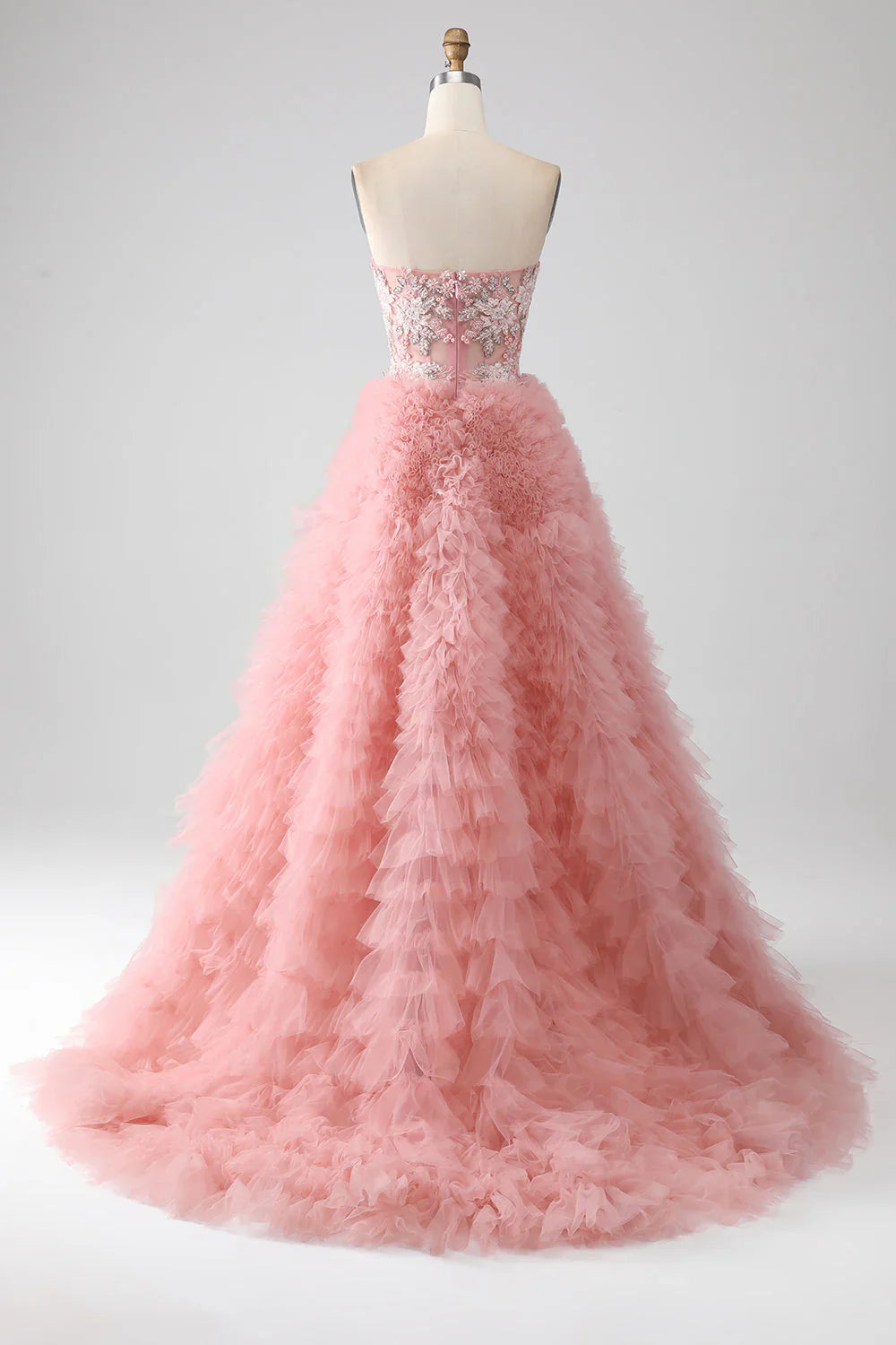 A-Line Strapless Beaded Tiered Long Prom Dress