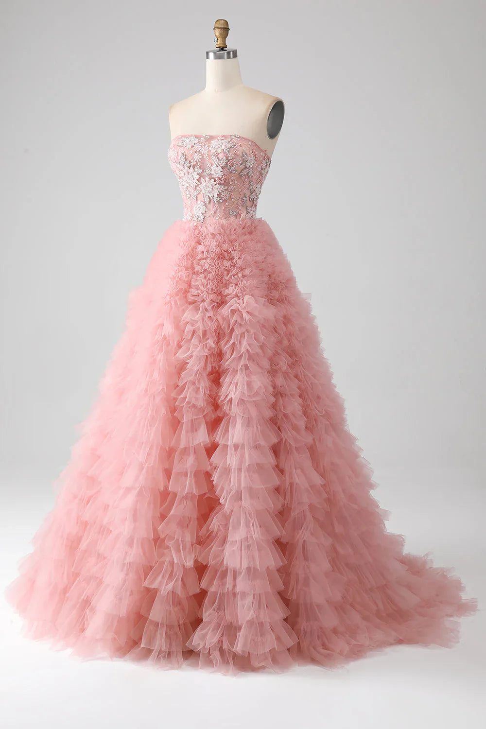 A-Line Strapless Beaded Tiered Long Prom Dress