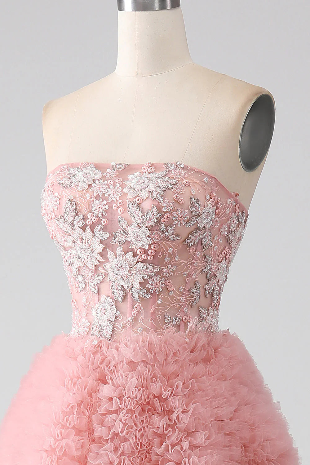 A-Line Strapless Beaded Tiered Long Prom Dress