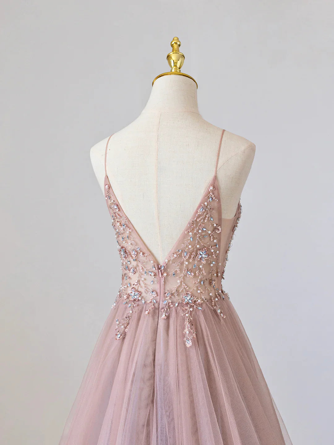 Pink V-Neck Tulle Long?Spaghetti Strap?Prom Dress with Beaded?