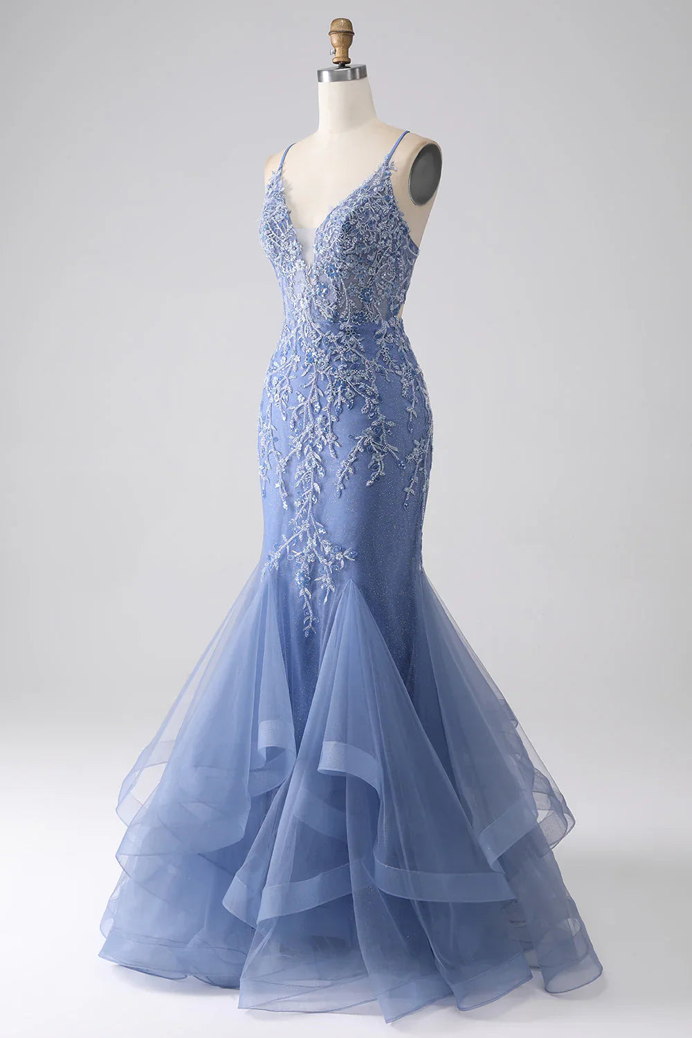 Mermaid Spaghetti Strap Beaded Backless Prom Dress With Appliques