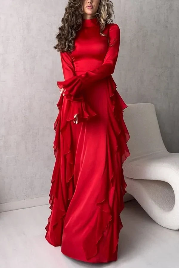 Xuewuba Dress Black Solid Color High Neck Long Sleeve Elegant Ruffles Floor Length Prom Dress