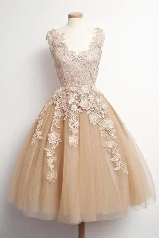 Xuewuba Dress Champagne Tulle Lace Short Prom Dress Cute Homecoming Dress With Applique