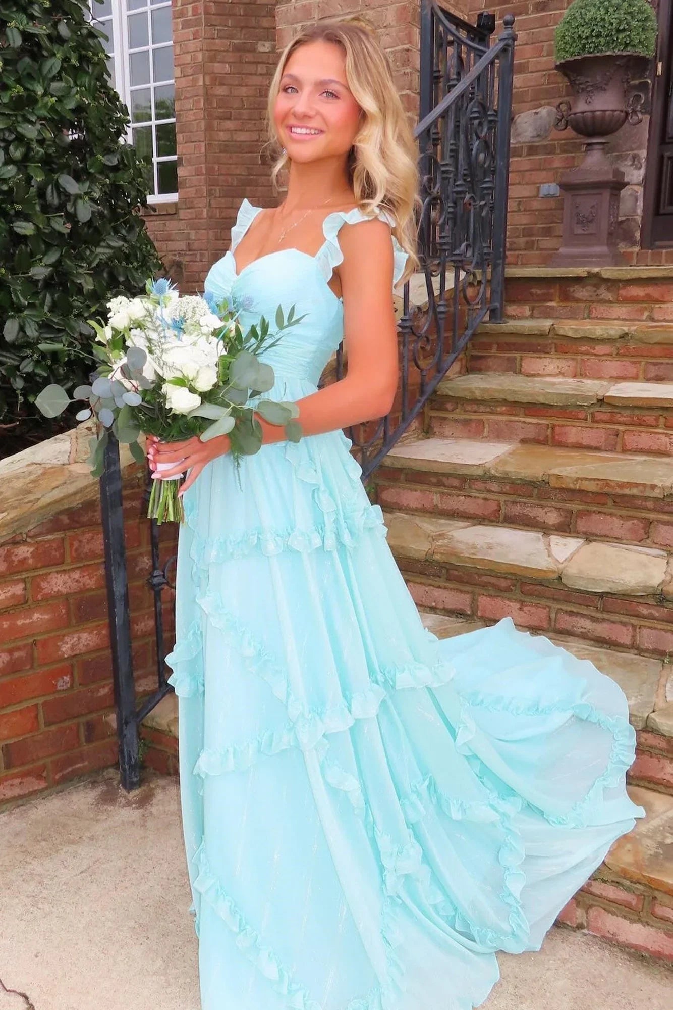 Xuewuba Dress Charming A Line Sweetheart Blue Long Prom Dress with Ruffles Evening Dress