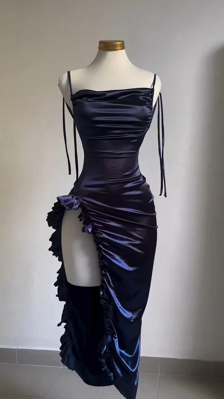 Xuewuba Dress Classy Sheath Halter Satin Navy Blue Sleeveless High Low Prom Dresses