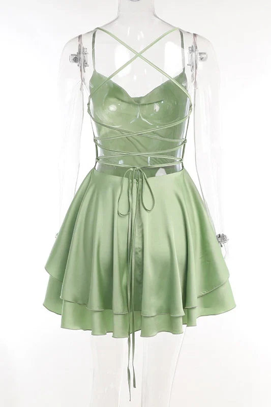 Xuewuba Dress Cowl Neck Green Ruffle Tiered Short Dress Homecoming Dress