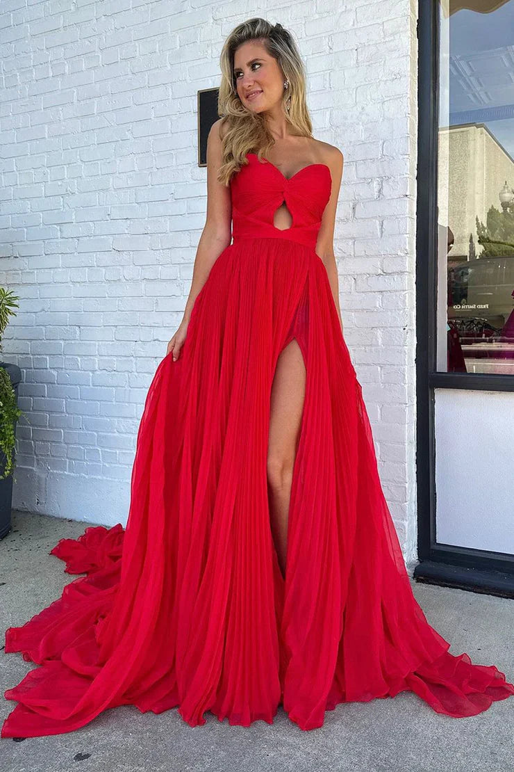 Xuewuba Dress Cute A Line Sweetheart Pleat Red Chiffon Long Prom Dress with Slit