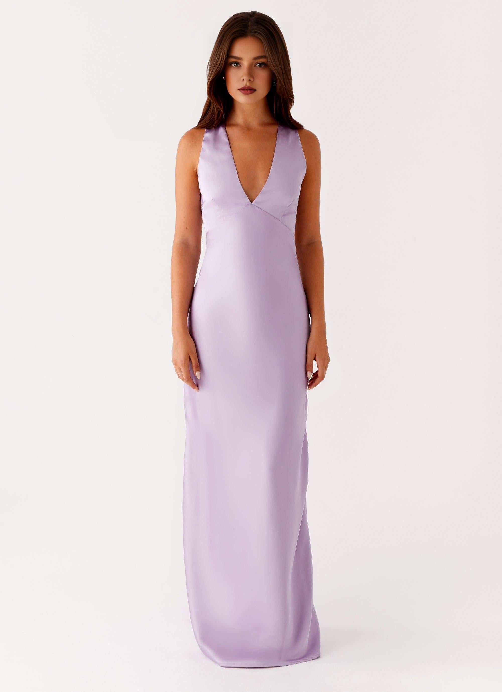 Xuewuba Dress Deep V Neck Maxi Dress Sleeveless Lilac Simple Sheath?Crisscross Back Satin Prom Dress