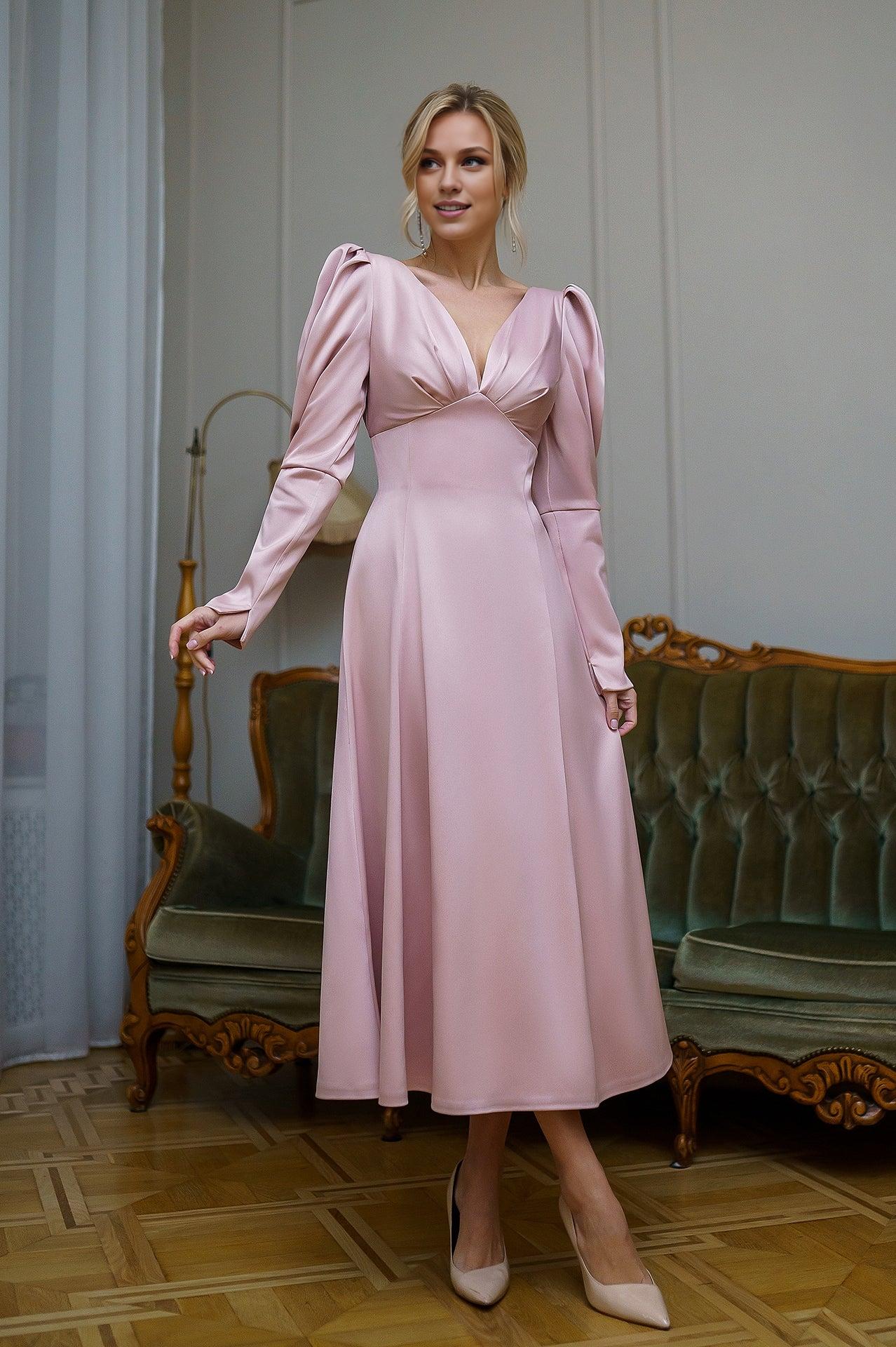 Dusty Pink Satin Bow Back Midi Dress Party Dress Elegant Tea-Length A-line Prom Dress