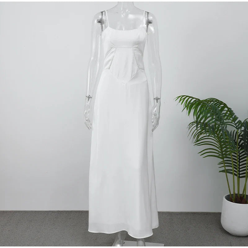Xuewuba Dress Elegant White Spaghetti Strap Maxi Dress Women Sexy Backless Lace Up High Waist Vestidos Lady Beach Party Prom Dresses