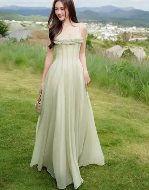 Xuewuba Dress Gentle A Line Spaghetti Strap Green Chiffon Sleeveless Party Dress Prom Dress