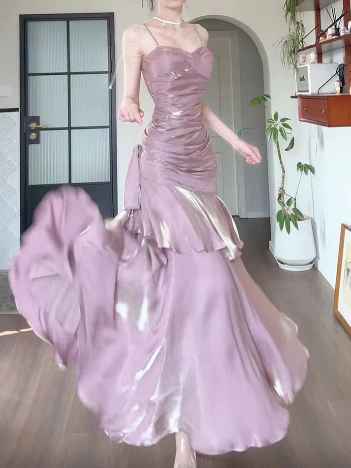 Xuewuba Dress Gentle Mermaid Spaghetti Straps Tiered Pleated Orange Satin Evening Dress Prom Dress
