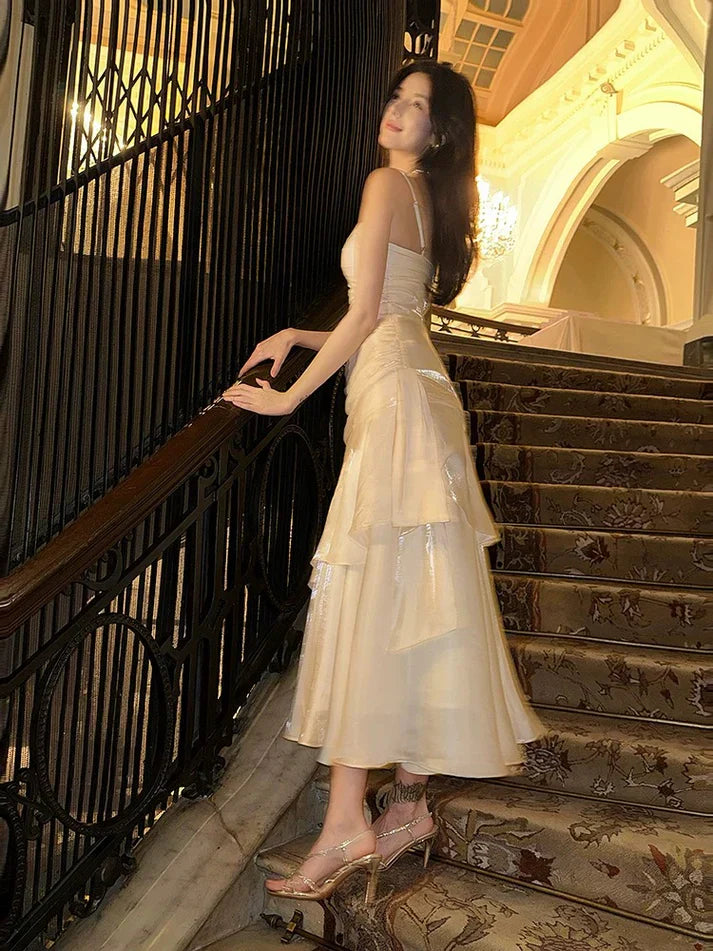 Xuewuba Dress Gentle Mermaid Spaghetti Straps Tiered Pleated Orange Satin Evening Dress Prom Dress